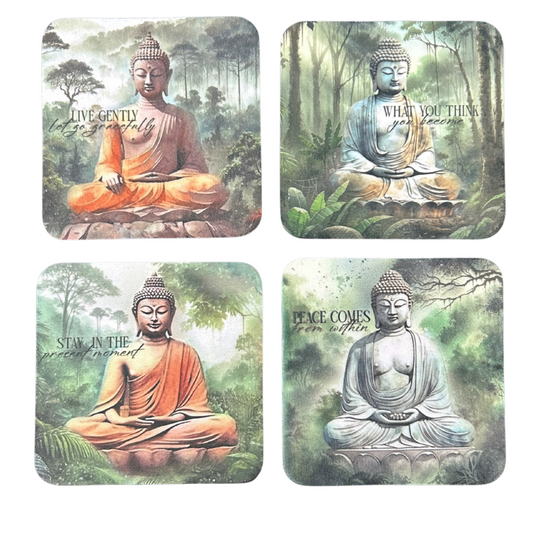 Four coasters with Buddha images and inspirational quotes on a white background